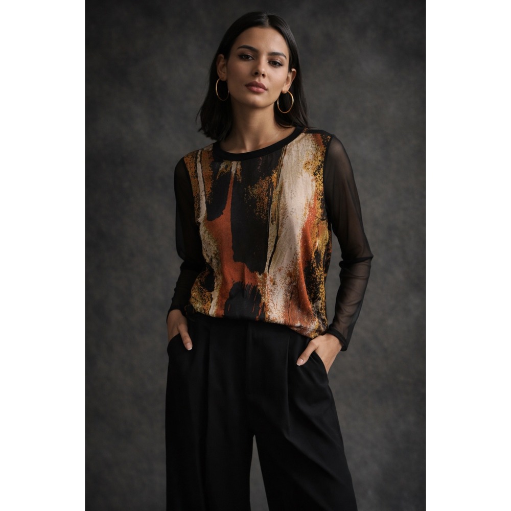 DKNY Sheer Mesh‎ Sleeve Abstract Art Top L Y2K Grunge Chic